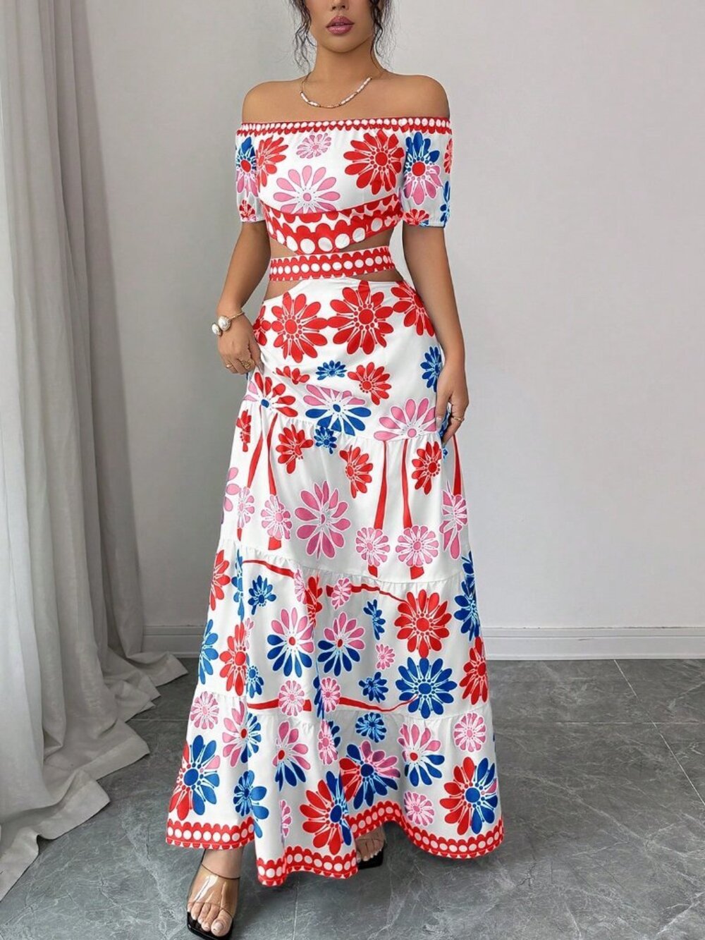 Boho Women's Casual Floral Print Off Shoulder Tie-Waist maxi Dress - Picture 3 of 7